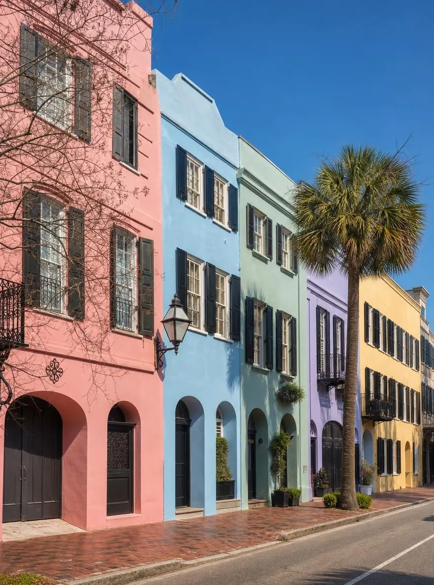 Pastellfarbene georgianische Reihenhäuser mit dunklen Fensterläden in einer sonnigen Straße in Charleston