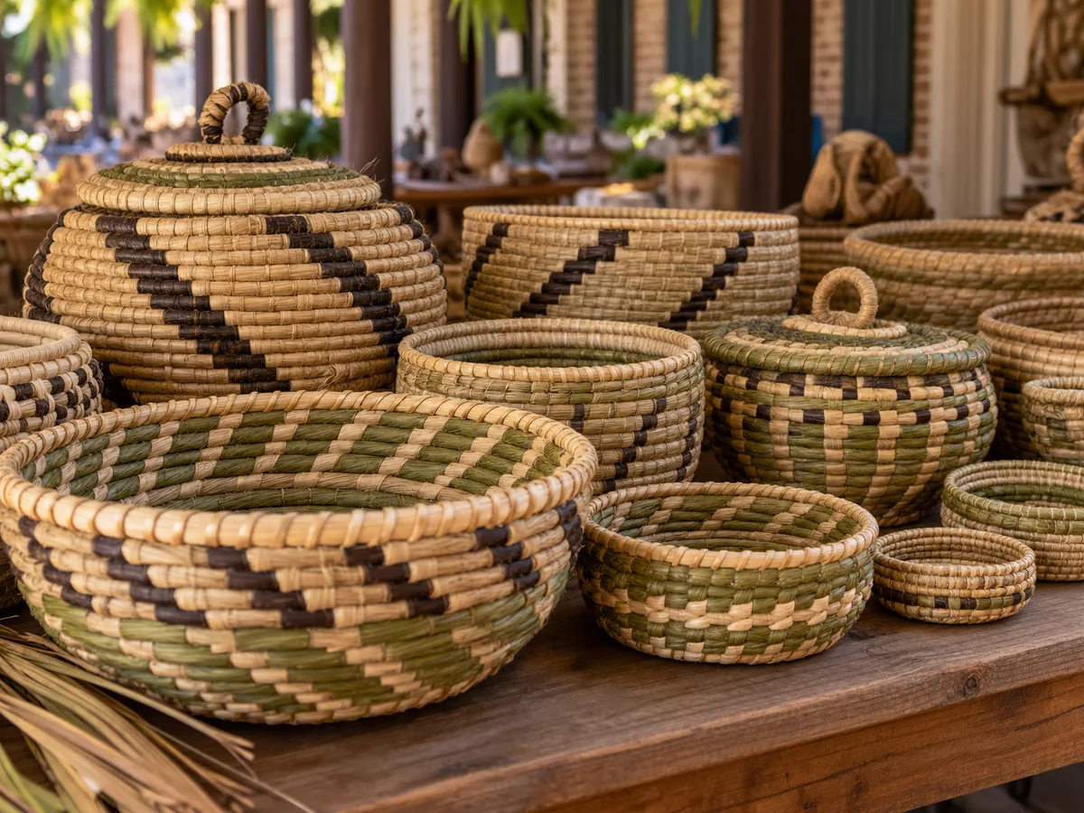 Gewickelte Sweetgrass-Körbe in verschiedenen Größen auf einem hölzernen Markttisch