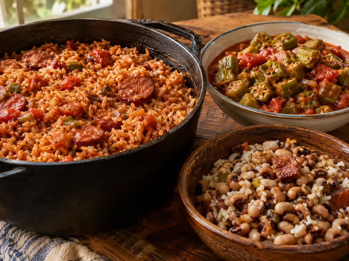 Ein Topf red rice mit Wurst neben Schüsseln mit geschmorter Okra und Hoppin' John